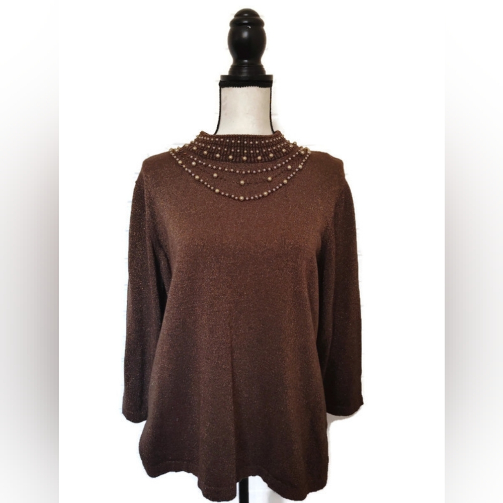 Fun 80's 90's Design Brown Light Metallic Pearl Embellished Knit Top Size XL